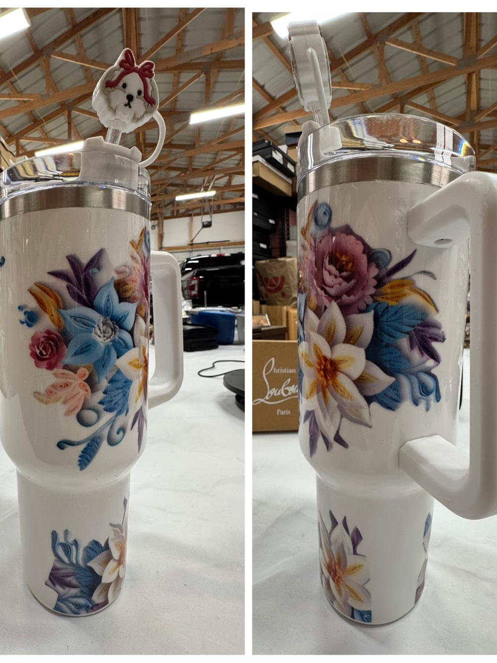 Floral Stainless Steel Double wall Travel Tumbler with Handle - Maltese Straw - Picture 3 of 7